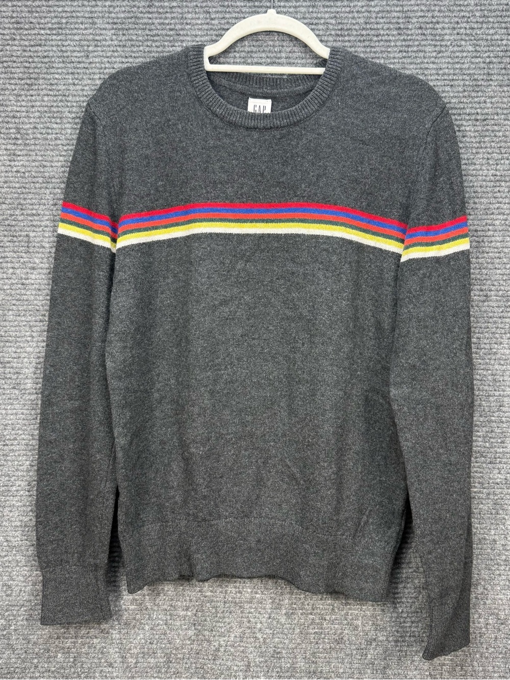 GAP Women's S Charcoal Gray Rainbow Stripe Crewneck Sweater Retro